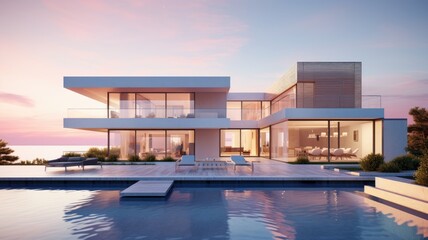 A large modern house with a pool in front of it