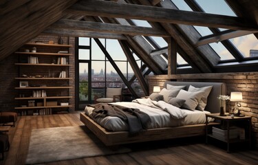 A bedroom with a large bed and a skylight