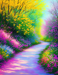 painting of a path in a colorful forest with flowers