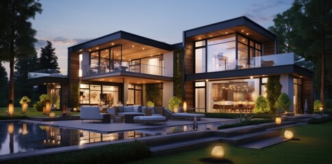 Fototapeta premium A large modern house with a pool in front of it