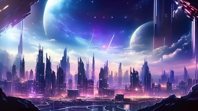 A futuristic cyberpunk cityscape featuring a dystopian skyline of buildings and neon lights on the horizon with bright cyberpunk ar