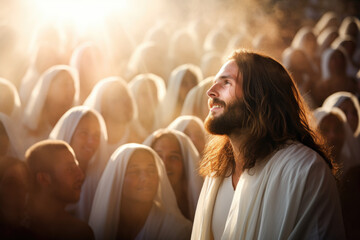 jesus standing in front of a crowd of people with heaven light - Powered by Adobe