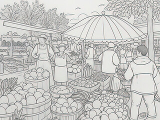 a people at a market with baskets of fruit and vegetables