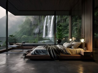 A bedroom with a waterfall in the background