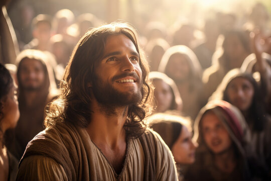 jesus standing in front of a crowd of people with heaven light