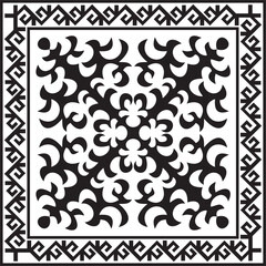 Vector black monochrome square Kazakh national ornament. Ethnic pattern of the peoples of the Great Steppe, .Mongols, Kyrgyz, Kalmyks, Buryats