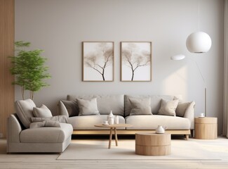 White stylish minimalist room with sofa. Scandinavian interior design.