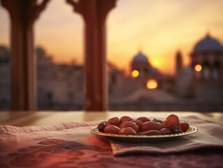 Closeup image of dates fruit on table with copy space for text. Ramadan, month of fasting concept.