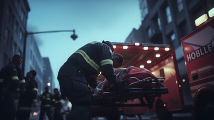 EMS medical teams respond quickly to provide medical assistance to injured patients. and carried him to the ambulance on a stretcher. Emergency care assistants arrived on the scene. Generative AI. - obrazy, fototapety, plakaty