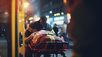 EMS medical teams respond quickly to provide medical assistance to injured patients. and carried him to the ambulance on a stretcher. Emergency care assistants arrived on the scene. Generative AI. - obrazy, fototapety, plakaty