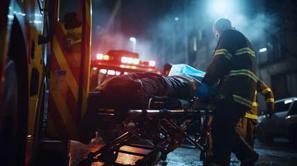 EMS medical teams respond quickly to provide medical assistance to injured patients. and carried him to the ambulance on a stretcher. Emergency care assistants arrived on the scene. Generative AI.