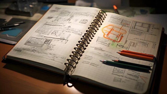 A detailed of a game designers notebook filled with sketches and formulas, illustrating the process of using mathematics to create immersive and believable gameplay mechanics in