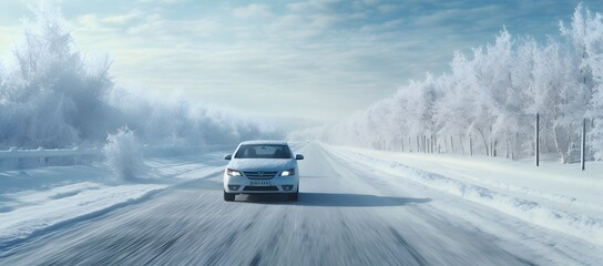 Fototapeta na wymiar a car moving fast with speed on a highway road with snow in winters