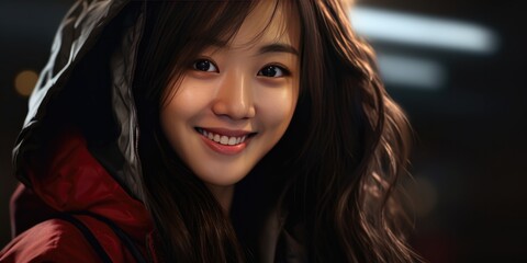 an asian girl smiling while wearing a jacket, generative AI