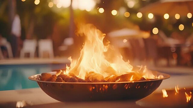 Closeup of the comforting warmth radiating from a poolside fire pit, inviting guests to gather around and relax.