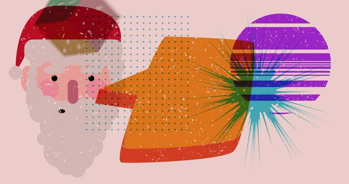 Risograph Santa Claus head, face with speech bubble and geometric shapes animation. Moving object in trendy riso graph design video.