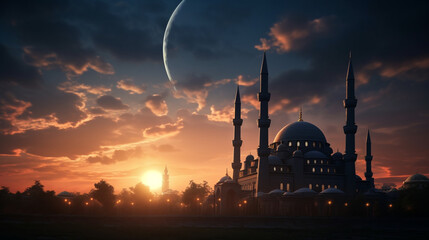 Fototapeta premium Silhouette of a mosque with a background for Ramadan