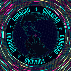Curacao on globe. Satellite view of the world centered on Curacao. Bright neon style. Futuristic radial bricks background. Classy vector illustration.