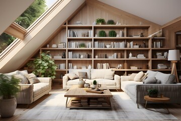 Fototapeta na wymiar a modern living room with comfortable sofa and a library with books