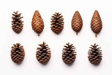 A collection of small pine cone for Christmas tree decoration isolated against a white background.
