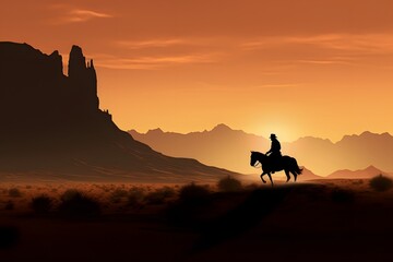 silhouette of a man riding a horse in a desert with sun in background - obrazy, fototapety, plakaty