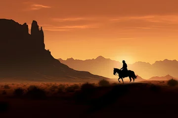Foto auf Acrylglas silhouette of a man riding a horse in a desert with sun in background © DailyLifeImages