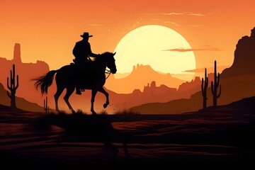 Fototapeta na wymiar silhouette of a man riding a horse in a desert with sun in background