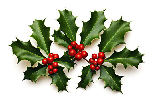 A collection of smooth and spiky green holly leaves with red berries for Christmas decoration isolated against a white background.


