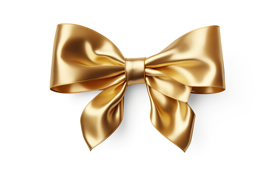 A gold ribbon and bow Christmas, birthday and valentines day present decoration set isolated against a white background.