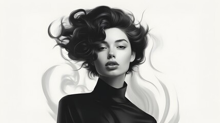 Woman Shrouded in Smoke and Mystery, A Monochromatic Portrait of a Figure with Flowing Smoke, Ethereal Woman with Floral Harmony in Smoky Silhouette. Generative AI