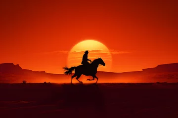 Photo sur Plexiglas Rouge 2 silhouette of a man riding a horse in a desert with sun in background