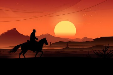 silhouette of a man riding a horse in a desert with sun in background