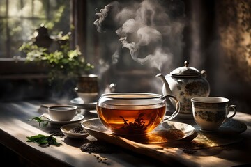 hot coffee background with steam rising from the tera pot full complete tea set with tea in it placed ont he table outside the lawn with mint leaf placed on it for tastea nd beauty abstract background - obrazy, fototapety, plakaty