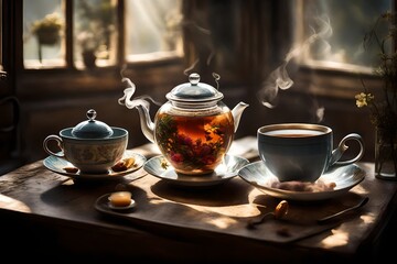hot coffee background with steam rising from the tera pot full complete tea set with tea in it placed ont he table outside the lawn with mint leaf placed on it for tastea nd beauty abstract background