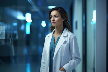 Fototapeta premium Female doctor standing in hospital corridor.
