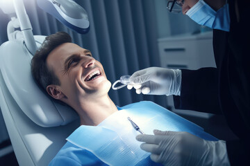 Happy man getting dental checkup. - obrazy, fototapety, plakaty