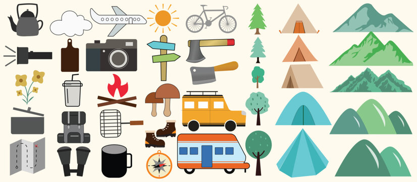Set of illustrations of camping, outdoors and travel stock Outdoor hand-drawn line illustration vector design