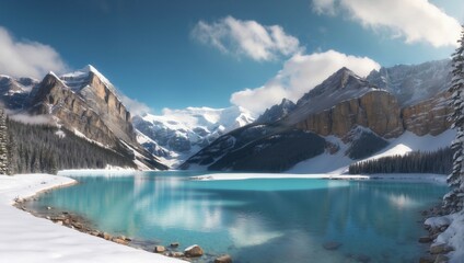 a lake surrounded by snow covered mountains under a beautiful sky
