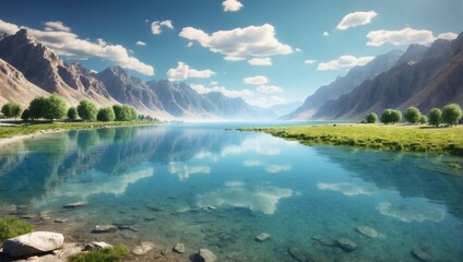 Lake Surrounded by Majestic Mountains and Lush Green Environment