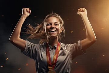 Sportswoman with medal celebrating her victory.