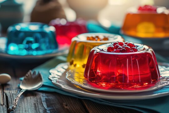 Pomegranate jelly in a bowl on a wooden table.