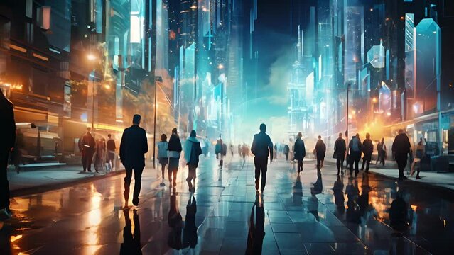 A futuristic cityscape bustling with humans, robots, and advanced technology, showcasing the full integration of intelligent robotics into human society and the seamless collaboration between