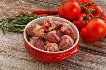 Raw chicken hearts for cooking