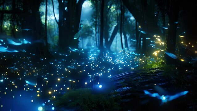 This closeup photo captures a group of fireflies, whose bioluminescent glow is being overpowered by the bright artificial lights of a nearby city, making it difficult for them to attract