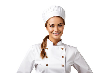 Portrait of young chef woman with uniform and cap posting with happy smile isolated on transparent background.