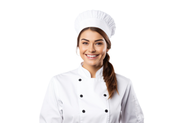 Portrait of young chef woman with uniform and cap posting with happy smile isolated on transparent background.