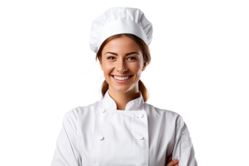 Portrait of young chef woman with uniform and cap posting with happy smile isolated on transparent background.