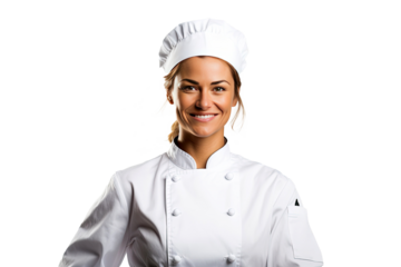 Portrait of young chef woman with uniform and cap posting with happy smile isolated on transparent background.
