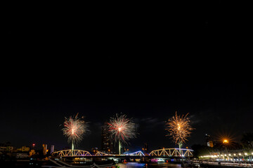 A colorful set of fireworks set off on the Buddhayodfa Chulalok Maharat Bridge in Bangkok. During the New Year Festival of 2024