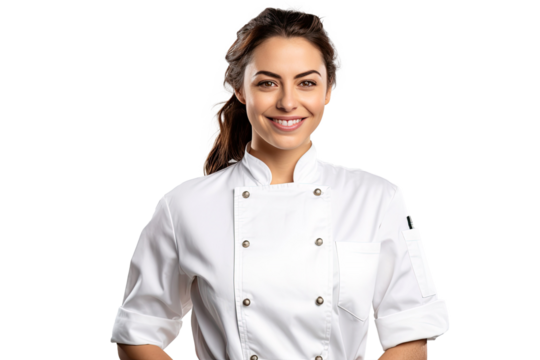 Portrait of young chef woman with uniform and cap posting with happy smile isolated on transparent background.